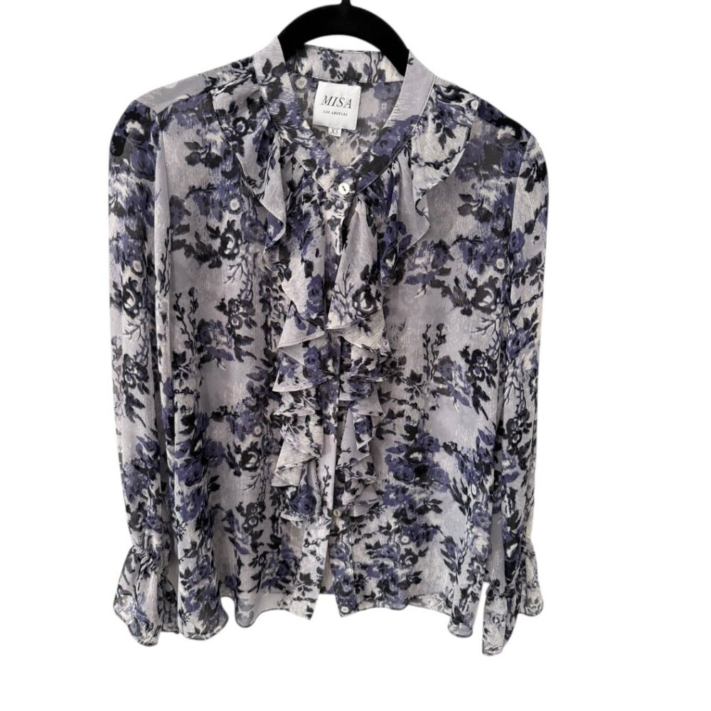 MISA Sheer Floral Ruffle Blouse Button Front Romantic Boho Top XS